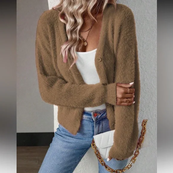 Women's Fuzzy Watermelon Pink Cardigan Sweater